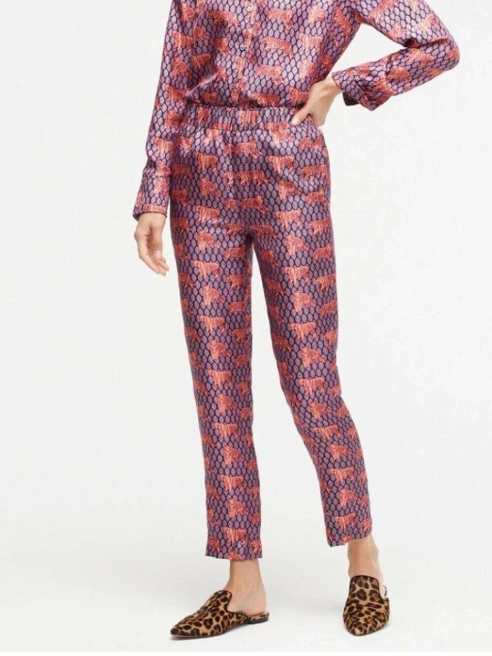 J.Crew Collection Silk Roaming Tigers Pants Size 12 Purple Paisley Straight Leg